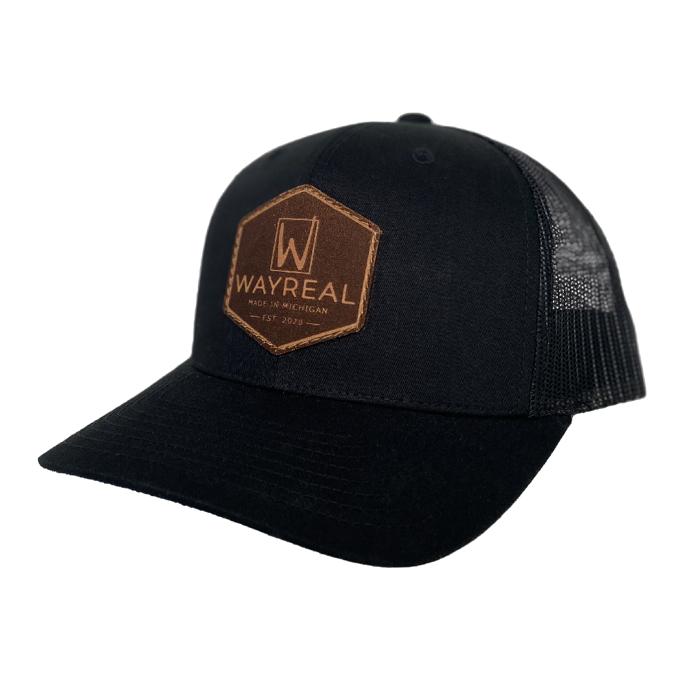 WAYREAL Black Curved Trucker Hat LEATHER PATCH